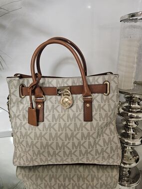 Michael Kors Beige MK Logo Satchel with Brown Leather Trim